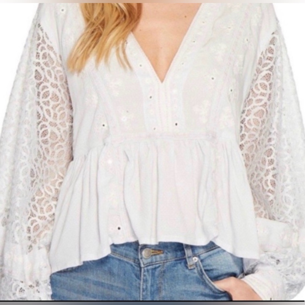 Free People White Lace Balloon Sleeve Embroidered Peplum V-Neck Blouse Top